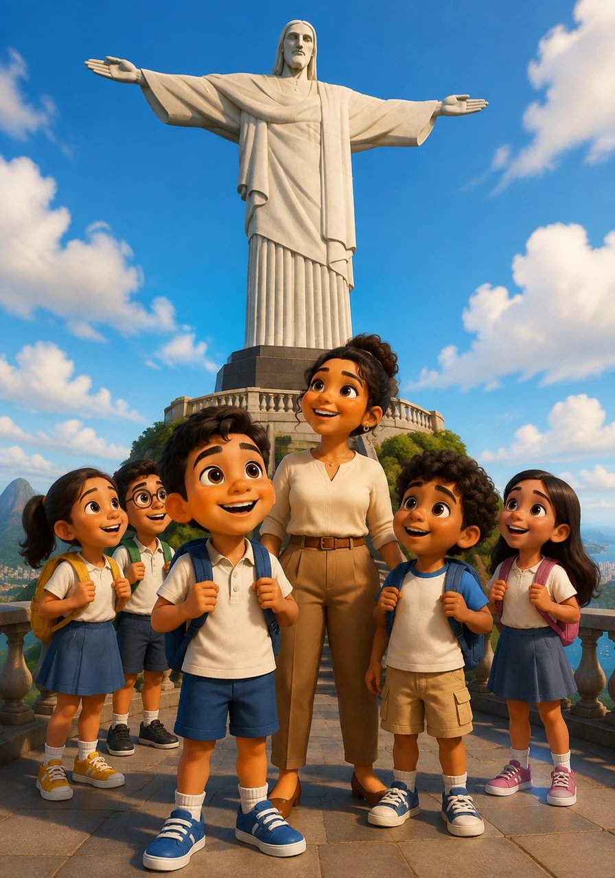 La primera parada del viaje es la famosa ciudad de Río de Janeiro. Mateo y sus amigos quedan maravillados al contemplar la majestuosa estatua del Cristo Redentor en la cima del cerro del Corcovado, abrazando a toda la ciudad con sus brazos abiertos.
