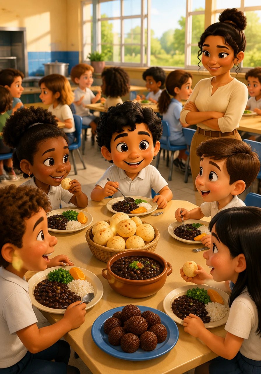 A la hora del almuerzo, los niños prueban la deliciosa comida típica brasileña. Todos disfrutan de una rica feijoada, crujientes panecillos de queso llamados pão de queijo y de postre saborean unos dulces brigadeiros de chocolate.