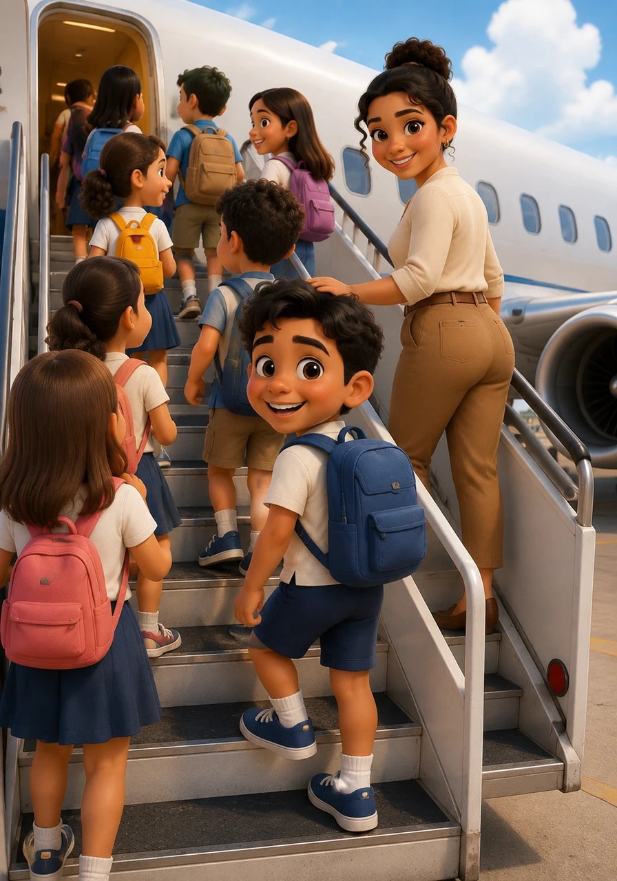 Tras varios días llenos de descubrimientos, juegos y bailes tradicionales, Mateo y sus compañeros abordan el avión de regreso a Puerto Rico con sus corazones llenos de alegría.