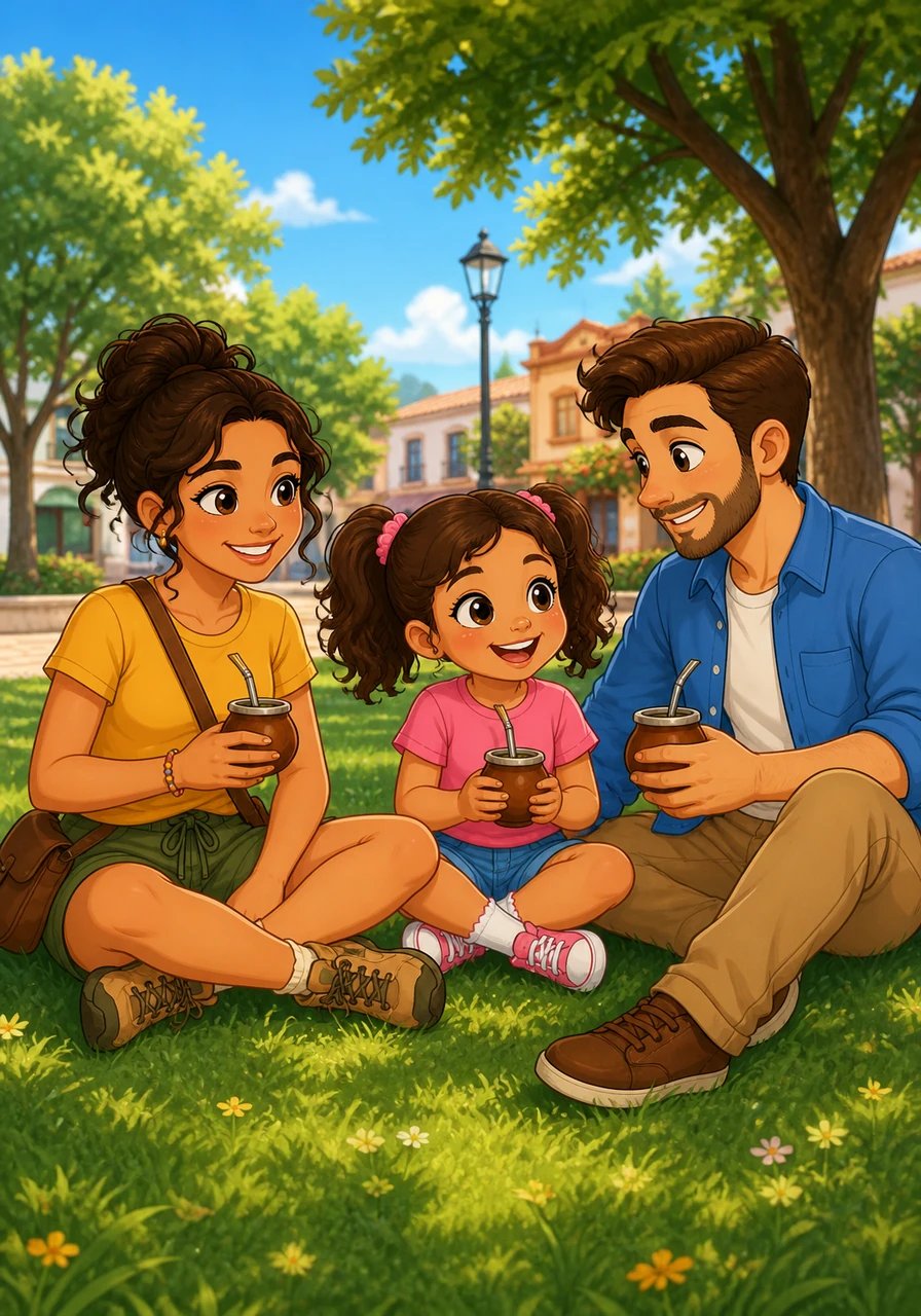 En una tarde soleada y apacible, los tres caminaron juntos hacia la plaza del barrio para disfrutar del aire libre. Se acomodaron sobre la hierba verde a tomar mates calientes mientras la suave brisa de la tarde mecía las copas de los árboles.