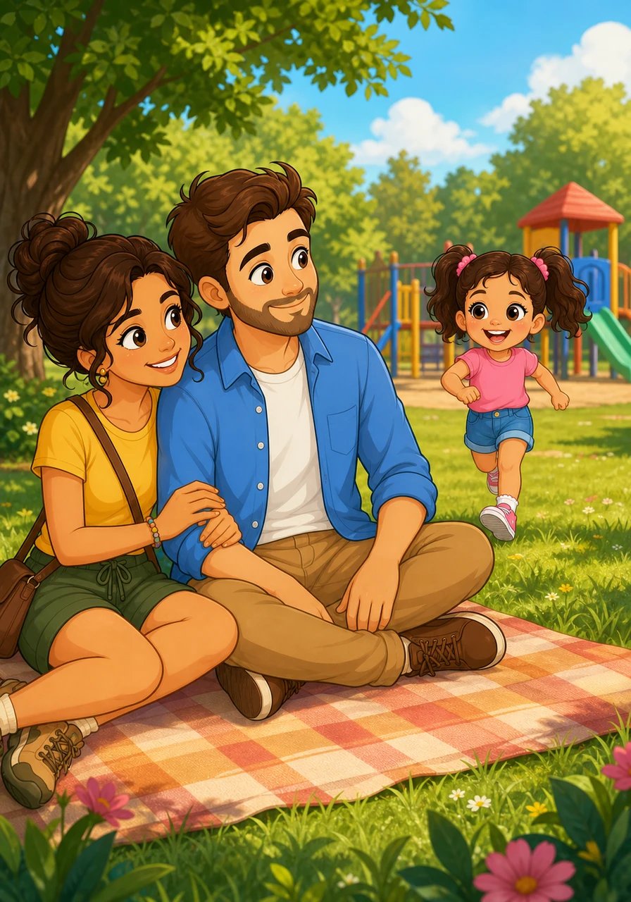 La risa de la niña resonaba dulcemente mientras correteaba en dirección a los juegos infantiles. Sus padres la observaban con infinita ternura desde la manta, compartiendo miradas complacidas mientras la pequeña jugaba alegremente.