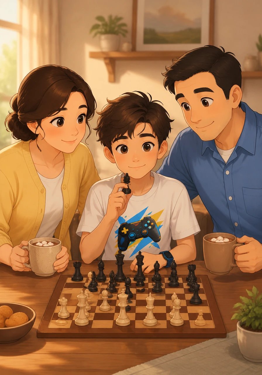 Una tarde tranquila, los padres de Mateo se sientan junto a él en la mesa del comedor con unas tazas de chocolate caliente. Mateo sostiene una ficha de ajedrez entre sus dedos mientras sus padres le explican con una sonrisa cariñosa que hay una palabra para describir la forma en que percibe el mundo: autismo.