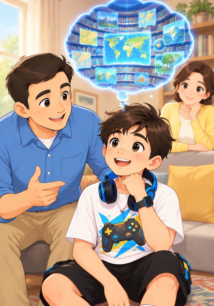 Su papá le recuerda la increíble memoria que posee, capaz de recordar cada rincón de los mapas de Fortnite y datos detallados sobre las cosas que le fascinan. Mateo sonríe al darse cuenta de que su mente guarda la información como una inmensa biblioteca digital ordenada a la perfección.