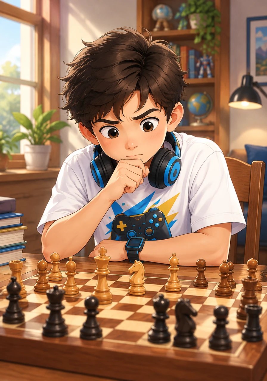 Observando el tablero de ajedrez frente a él, Mateo reflexiona sobre su capacidad de concentración. Cuando un tema despierta su interés, se convierte en un verdadero experto, investigando cada detalle hasta dominarlo por completo como el gran maestro de su propio conocimiento.