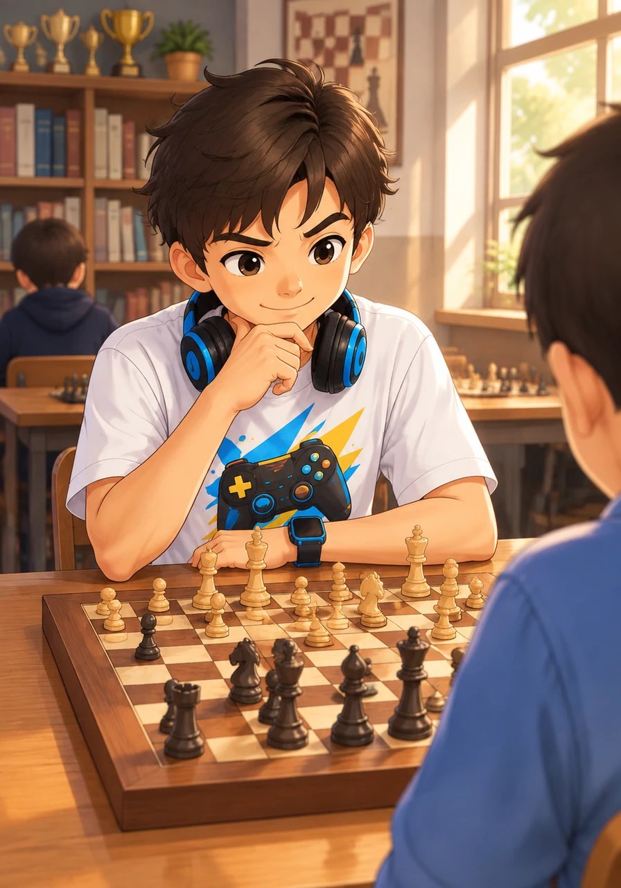 Al día siguiente en el club de ajedrez del colegio, Mateo observa las piezas con una nueva confianza. Anticipa varias jugadas antes que su oponente, sintiéndose orgulloso de la precisión y velocidad con la que opera su mente.