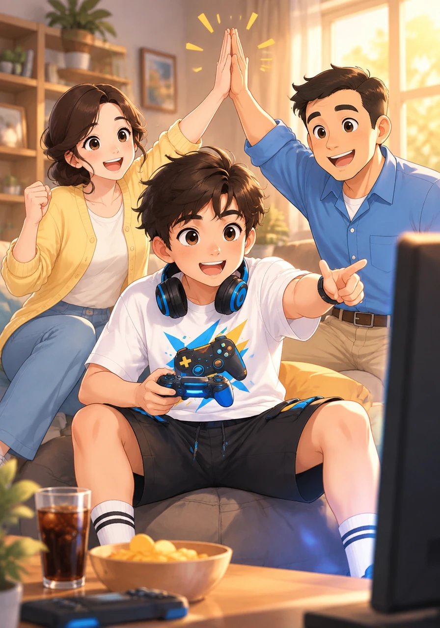 Por la tarde, en una emocionante partida de Fortnite con sus amigos, Mateo lidera al equipo utilizando su excelente memoria táctica y asegurándose de que todos jueguen en igualdad de condiciones. Sus compañeros celebran la victoria gracias a sus increíbles estrategias.