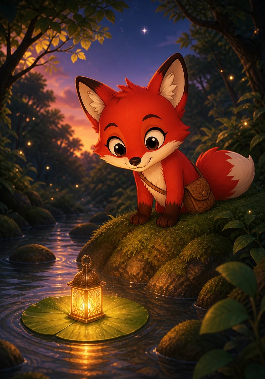 High in the emerald canopy of Whispering Woods, Pippa the little red fox loved to watch the golden twilight fade into night. As the first star twinkled above, a mysterious warm light danced downstream across the silver river. Pippa leaned over the mossy bank and discovered a tiny, beautifully crafted lantern floating softly upon a lily pad.