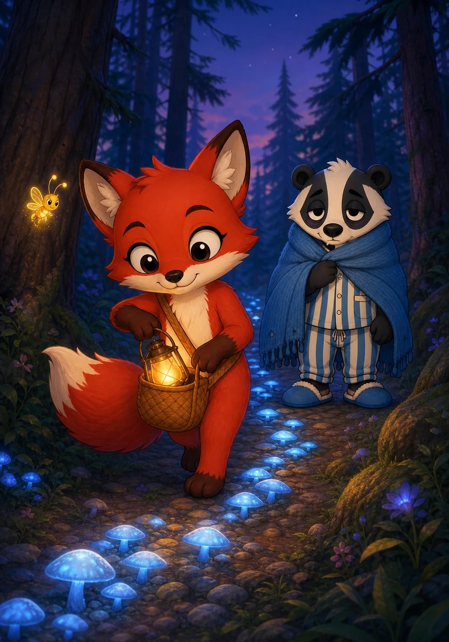 Tucking the glowing lantern safely into her woven satchel, Pippa tiptoed onto the winding woodland trail paved with softly glowing blue mushrooms. The tall pine trees murmured gentle secrets in the evening breeze, welcoming the brave little fox into the heart of the magical forest. Every step felt like walking through a gentle dream filled with calm wonders.