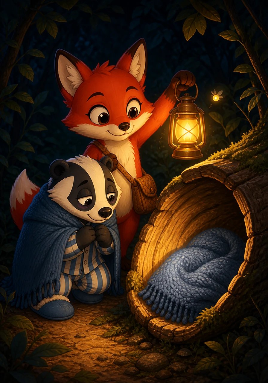 Along the path, Pippa met Barnaby, a sleepy little badger who was searching for his lost nighttime blanket. Pippa held up the glowing lantern, casting a warm light that instantly revealed Barnaby's soft knitted blanket nestled inside a cozy hollow log. Grateful for her help, Barnaby happily offered to walk alongside Pippa to guide her through the shadowy thicket.