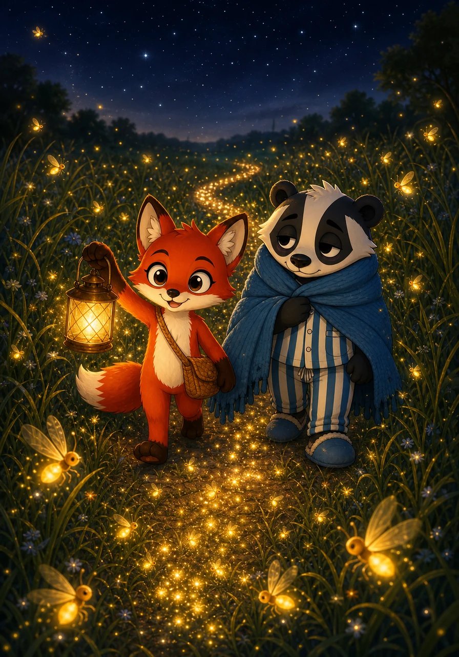Together, Pippa and Barnaby reached the edge of the Whispering Meadow, where thousands of twinkling fireflies gathered in shimmering circles. The fireflies recognized the lost lantern and began to dance around the two friends, creating a brightly lit path straight through the swaying tall grass. The night sky fluttered with gentle magic and cozy warmth.