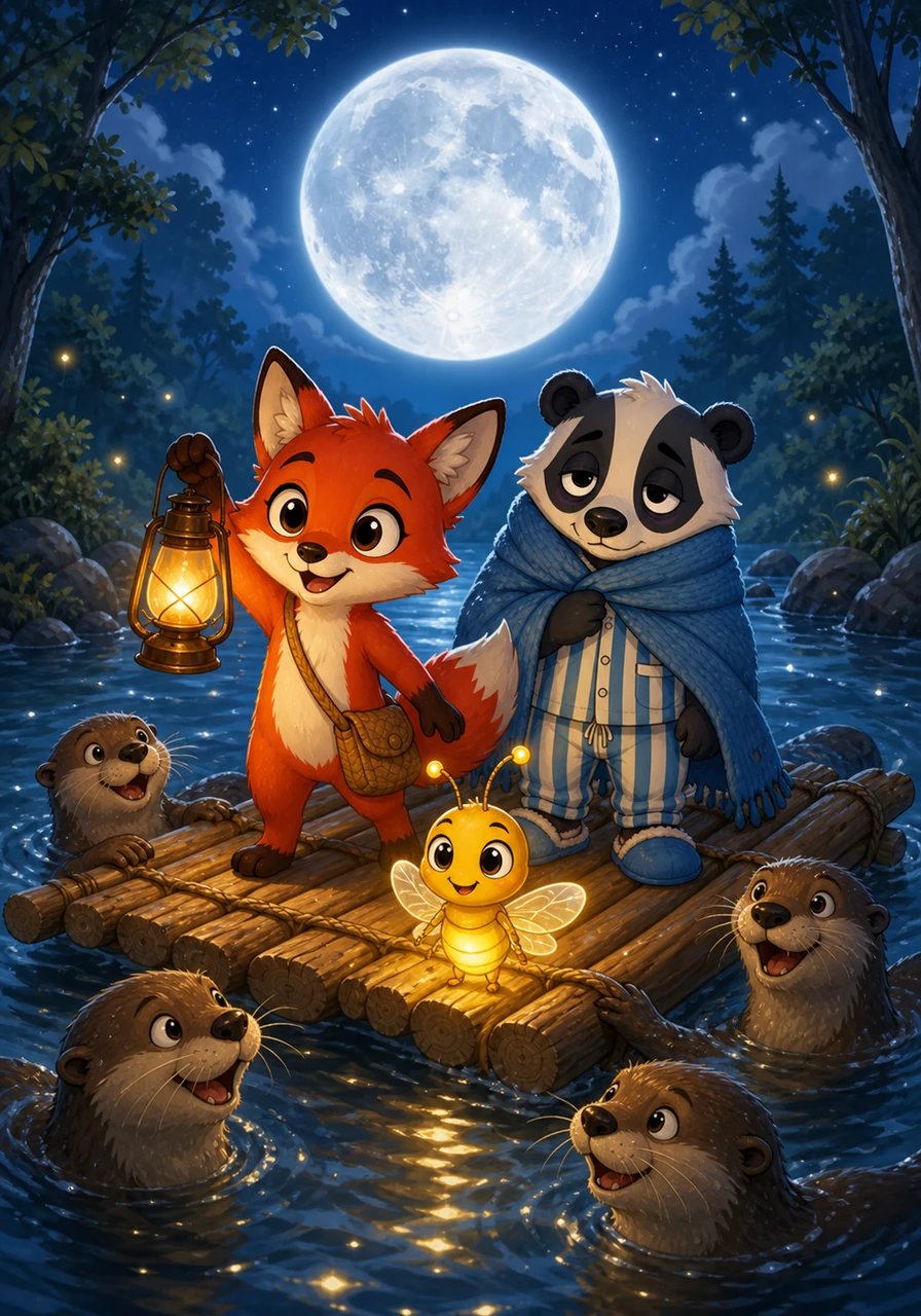 Soon, the friends arrived at the edge of a wide, sparkling stream with no bridge in sight. Just as they wondered how to cross, a friendly family of gentle river otters glided over, offering their sturdy wooden raft. Holding the lantern high, Pippa guided their smooth crossing under a sky illuminated by a magnificent silver moon.