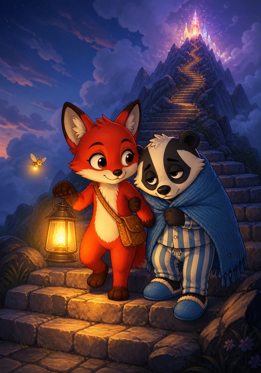 At the foot of Starfall Hill, the trail became steep and filled with grand stone steps that seemed to reach up to the clouds. Barnaby felt tired, but Pippa offered a comforting hand and shared encouraging words as the lantern cast a cheerful amber light on every step. Hand in hand, they climbed higher toward the shimmering summit.