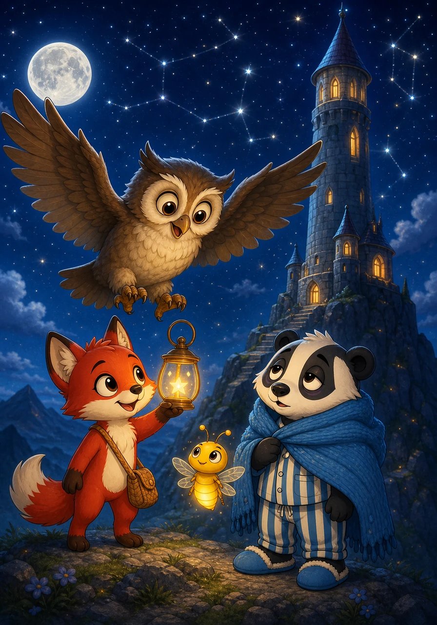 At last, they reached the peak where the grand Moonlit Tower stood, majestic and calm under a blanket of sparkling constellations. The Old Wise Owl, keeper of the tower, swooped down on quiet wings and greeted the young travelers with a warm, approving smile. He explained that this special lantern held the very spark that kept the night stars shining bright.