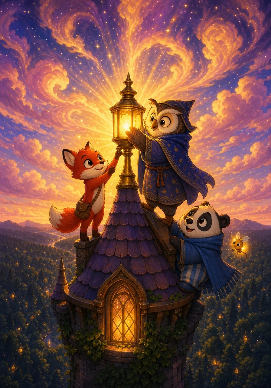 Pippa carefully handed the lantern to the Wise Owl, who set it gently into its rightful place at the very top of the tower spire. Instantly, a breathtaking burst of soft golden light cascaded across the entire sky, painting the clouds with brilliant hues of violet, gold, and indigo. The whole forest hummed with a soothing melody of quiet joy and wonder.