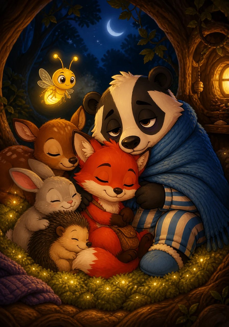 With her heart full of warmth and pride, Pippa nestled into a bed of soft moss back home as the midnight sky glowed peacefully above. Barnaby and her forest friends snuggled close, listening to the soft rustle of the night wind. Pippa closed her eyes, knowing that even the smallest little fox could light up the entire world with kindness.
