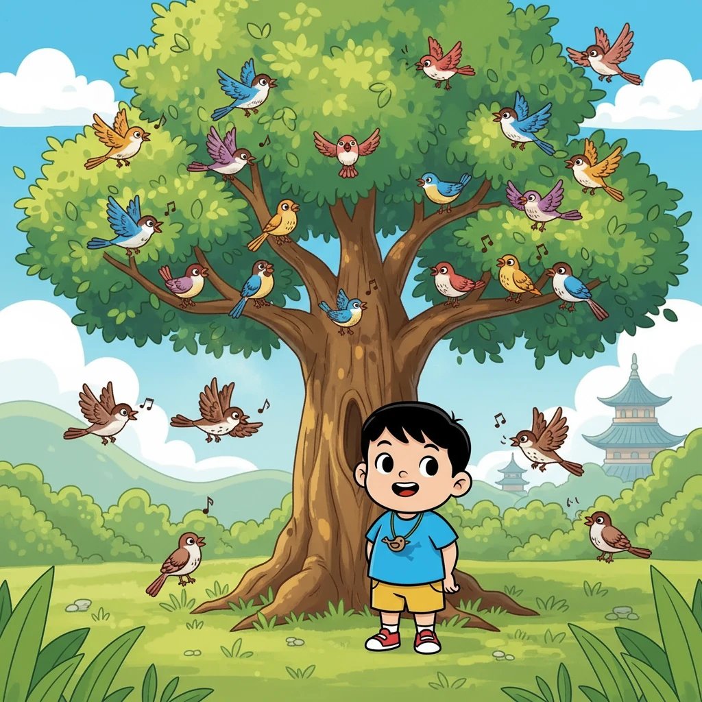 鸟儿们从四面八方飞来,落在树上。有的在枝头欢快地歌唱,像是在举行一场热闹的音乐会。小明抬头仰望,眼睛里充满了好奇和惊喜。