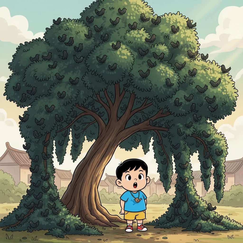 鸟儿越来越多,树枝被压得弯弯的,几乎要触碰到地面。树叶被鸟儿遮住了,原本翠绿的叶子现在却看不见了,只剩下黑压压的一片。