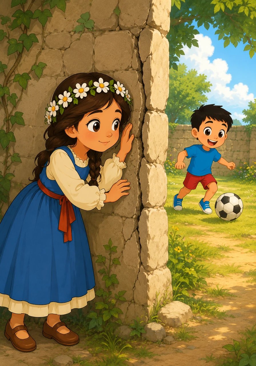 Un après-midi ensoleillé, alors qu'elle tressait une couronne de marguerites, Lila entendit un rire mélodieux résonner à travers une fissure de la muraille. Intriguée, elle s'approcha doucement et colla son oreille contre la pierre fraîche. De l'autre côté, un petit garçon nommé Malo jouait au ballon tout seul, ignorant lui aussi la présence de sa voisine.