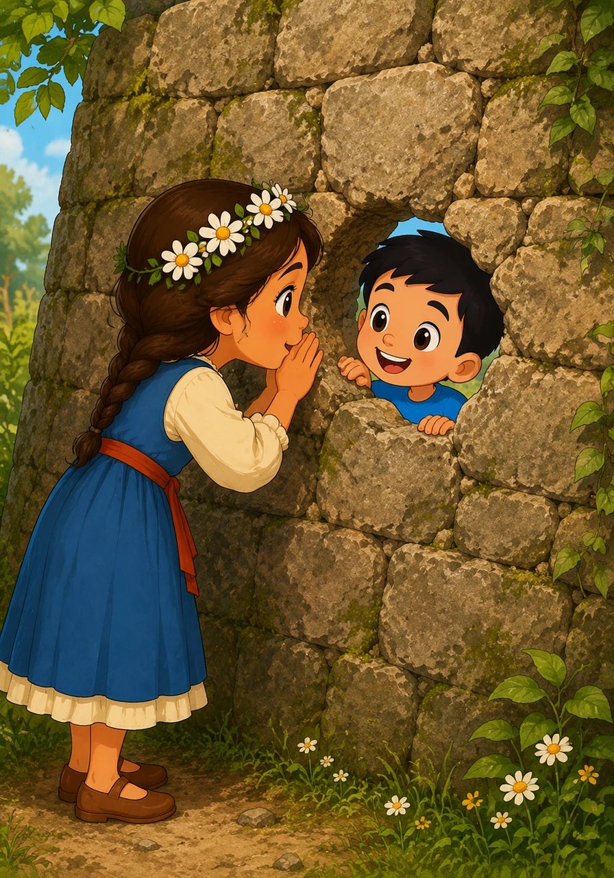 Lila prit son courage à deux mains et murmura un timide bonjour à travers le petit trou de la roche. Surpris, Malo s'arrêta de jouer et répondit avec un grand sourire dans la voix. Ce jour-là, les deux enfants passèrent des heures à raconter leurs jeux préférés, découvrant qu'ils aimaient exactement les mêmes bonbons à la fraise.