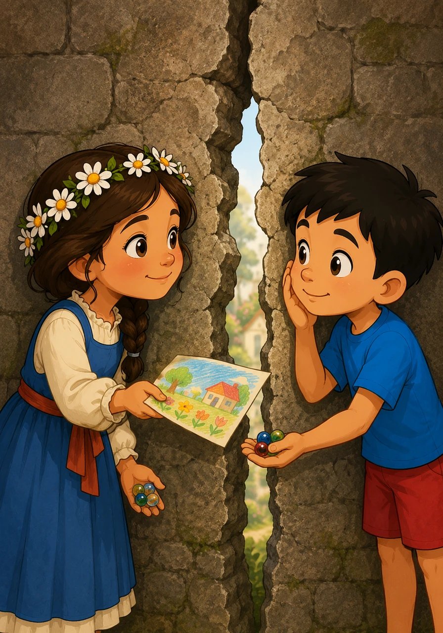 Au fil des jours, la fissure devint leur point de rendez-vous secret où la méfiance n'avait plus sa place. Ils s'échangeaient des dessins colorés, des billes brillantes et des secrets chuchotés à voix basse. Pour eux, le grand mur de la discorde n'était plus qu'un simple pont entre deux cœurs solitaires.