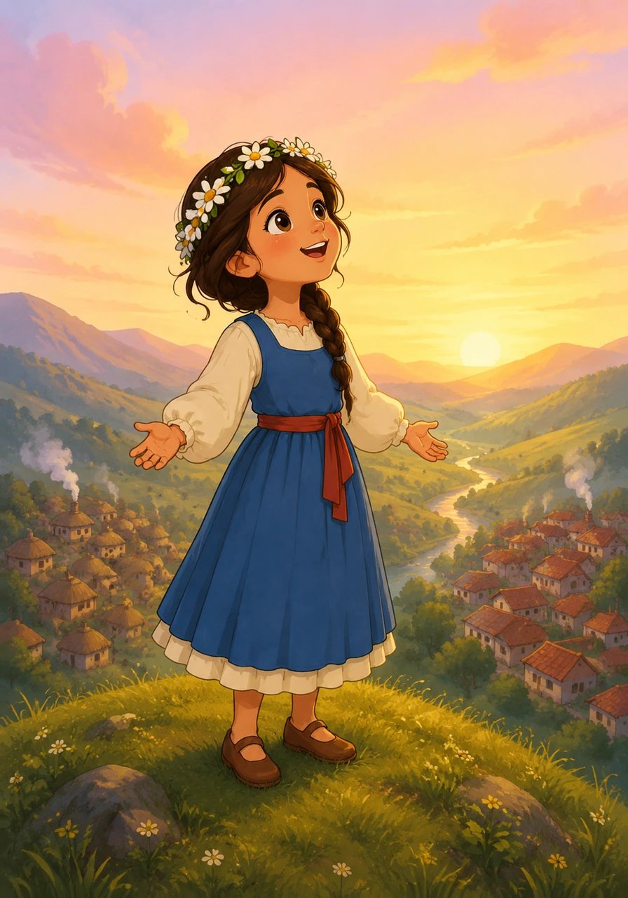 Ne pouvant se résoudre à abandonner Malo, Lila s'échappa à l'aube pour délivrer un message de paix à toute la vallée. Elle grimpa courageusement sur une haute colline qui surplombait les deux villages et commença à chanter une berceuse que sa grand-mère lui avait apprise. Sa voix douce et claire vola au-dessus des toits, transportant un message d'amour et d'espoir.