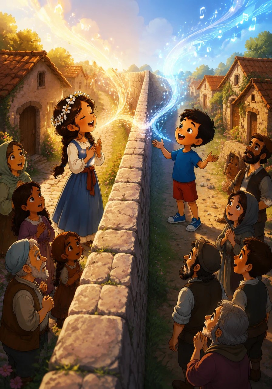 En entendant cette mélodie céleste, Malo reconnut la voix de son amie et se mit lui aussi à chanter depuis son côté du mur. Attirés par cette harmonie magique, les habitants des deux villages sortirent de leurs maisons, touchés en plein cœur par la pureté de ces voix d'enfants. La peur qui les paralysait depuis si longtemps commença doucement à s'envoler.