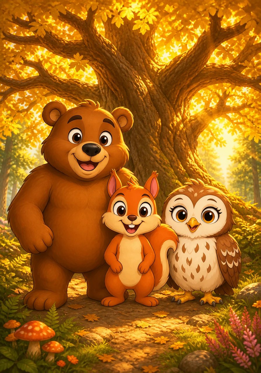 Welcome to the cover of The Adventures of Whisper Wood! On this bright cover page, Barnaby Bear, Pip the Squirrel, and Bella the Owl stand beneath a magnificent, glowing golden oak tree. The title shines in big colorful letters above their smiling faces, inviting children on a wonderful learning adventure.