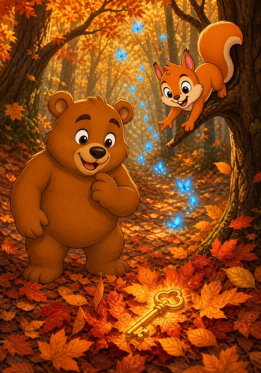 Deep inside the quiet forest, Barnaby Bear notices a shiny golden object glinting under the autumn leaves. Pip the Squirrel scurries down a branch and gasps in excitement. Pip shouts in his speech bubble, "Look Barnaby! What does this magical key unlock?" Barnaby smiles gently and replies in his speech bubble, "Let us follow the glowing blue butterflies and find out!"
