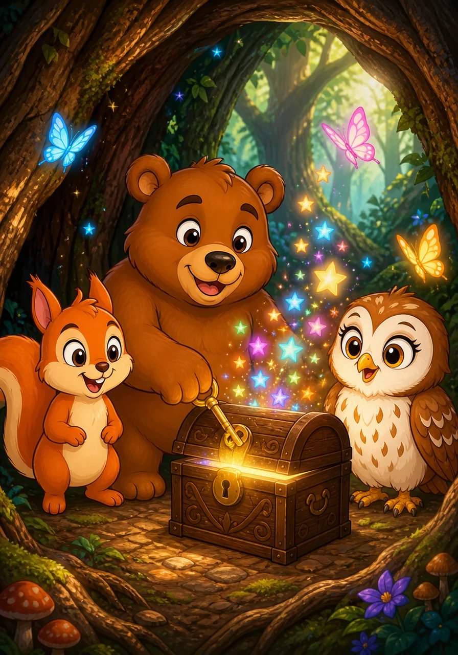 The butterflies lead the friends to a small carved chest tucked inside an ancient tree hollow. Barnaby turns the shiny key, and colorful twinkling stars puff out into the air, filling the woods with magic. Key Vocabulary: Key (مفتاح), Forest (غابة), Butterfly (فراشة), Treasure (كنز).