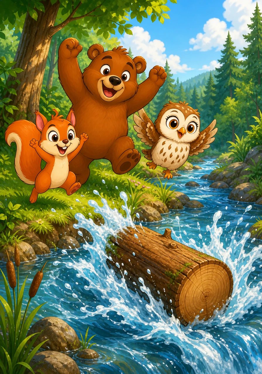 With a big splash, the heavy log rolls away and the water bursts forward, making a merry singing sound once again. All the woodland animals gather near the riverbank to cheer, jump, and celebrate their success. Key Vocabulary: River (نهر), Push (يدفع), Help (يساعد), Water (ماء).