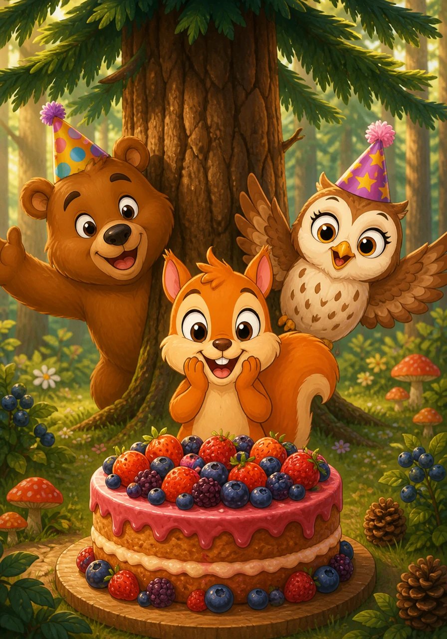 Little Pip feels sad because he thinks his friends forgot his special birthday. Little does he know, Barnaby and Bella are secretly preparing a giant sweet berry cake under the tall pine tree. Pip sighs in his speech bubble, "Nobody remembered my birthday today." Suddenly, Bella and Barnaby jump out with party hats and shout in their speech bubbles, "Surprise! Happy Birthday Pip!"