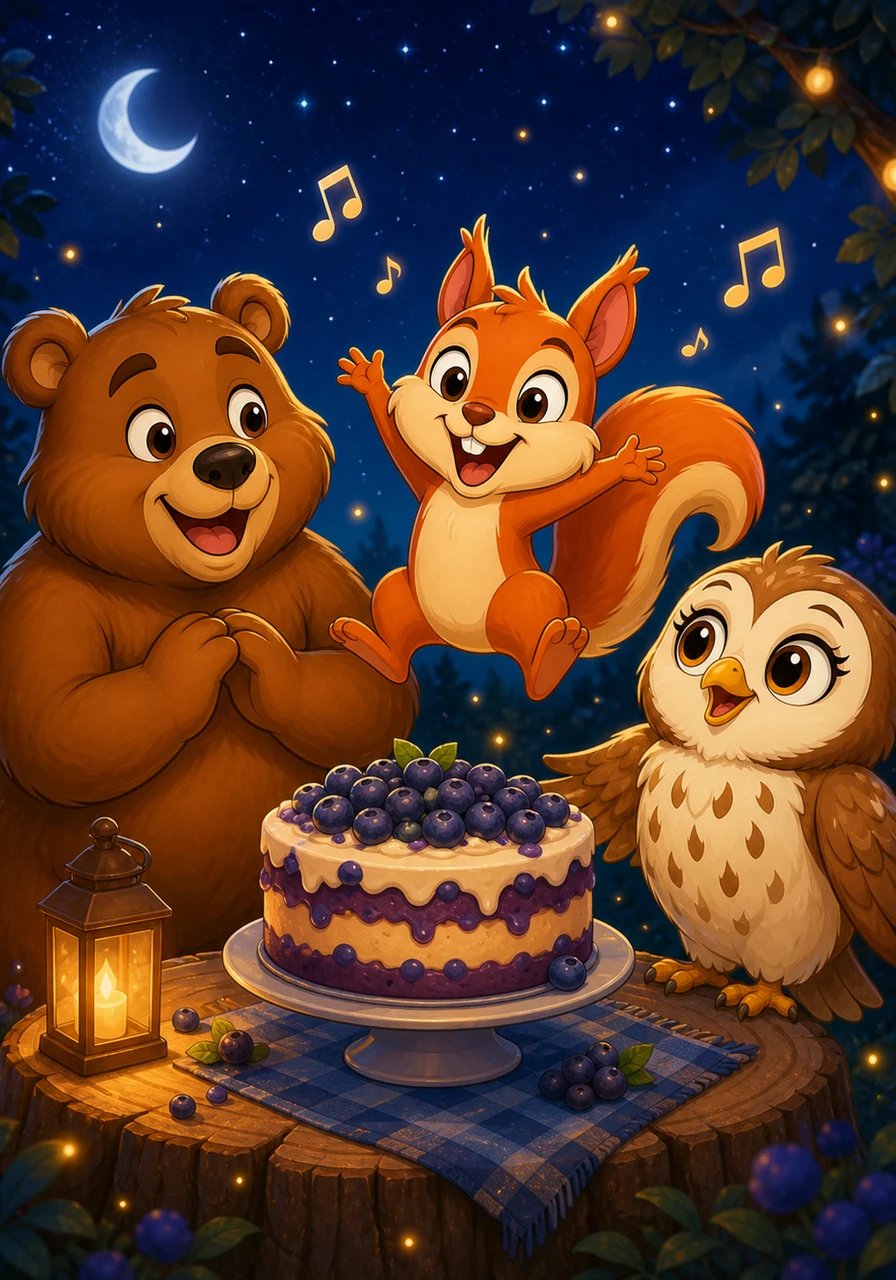 Pip jumps with joy as all three friends share the delicious blueberry cake under the glittering evening stars. They sing happy songs together late into the night. Key Vocabulary: Birthday (عيد ميلاد), Surprise (مفاجأة), Cake (كعكة), Star (نجمة).