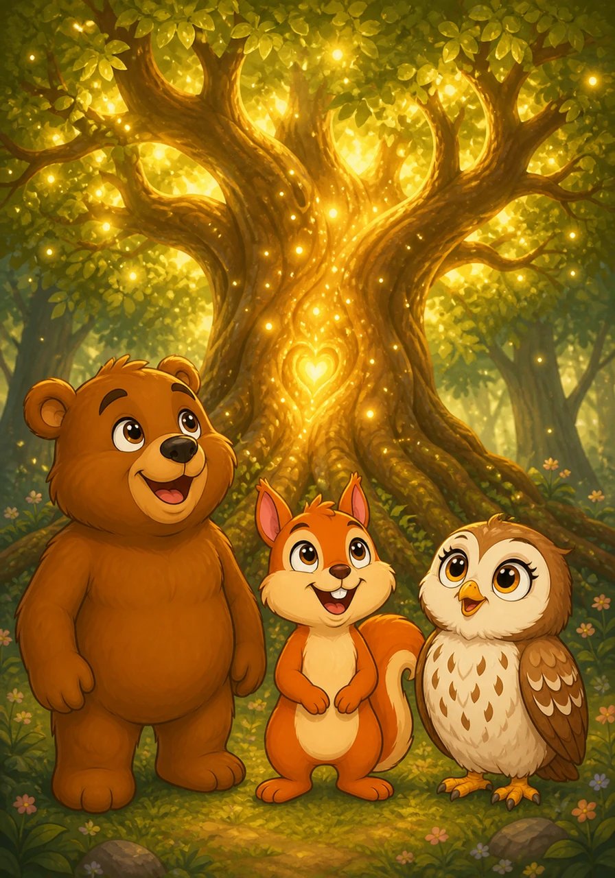 Before turning to the final page, the glowing magical tree shares three gentle lessons for young learners. Lesson 1: True friends always help each other when times are tough. Lesson 2: Great challenges become easy when you work together as a team. Lesson 3: Sharing happiness brings the greatest joy to your heart.