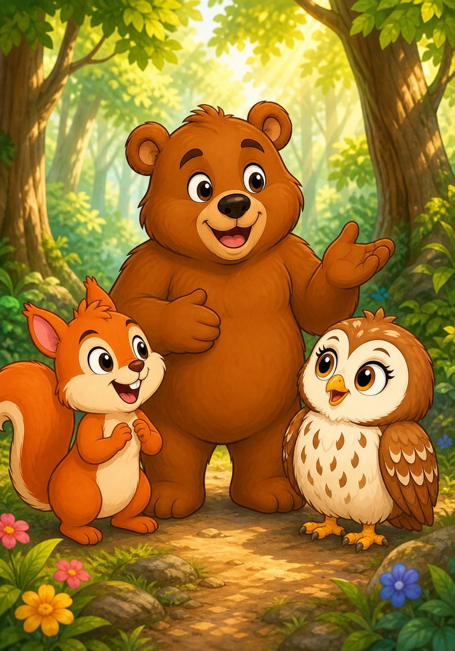 Let us review the most important words from our forest stories to build your English vocabulary. Key Vocabulary: Friend (صديق), Help (مساعدة), Happy (سعيد), Bear (دب), Squirrel (سنجاب), Owl (بومة). Practicing these simple English words every day makes learning fun and easy!
