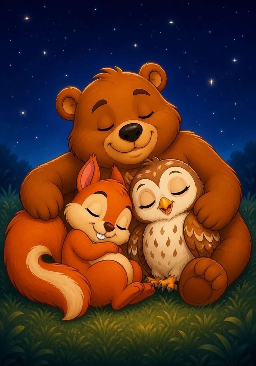 On the back cover of the book, Barnaby, Pip, and Bella are curled up together sleeping peacefully under a warm starry sky. The back cover text reads: Thank you for reading! Every story is a new doorway to learning English. Until our next adventure, sweet dreams!