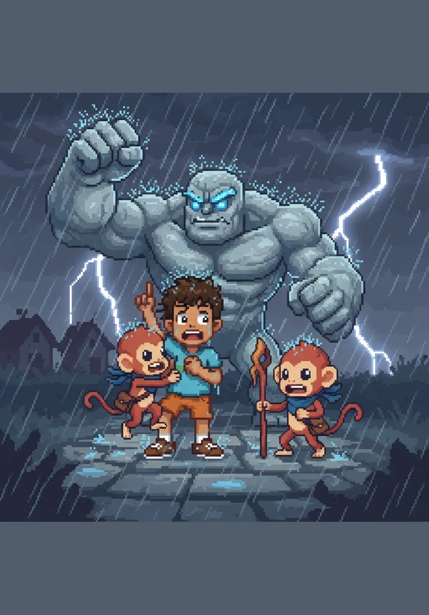 Rain pours down in buckets, and the wind whistles so loudly that the cows start to spin around like furry tops. "I knew I should have worn my yellow raincoat!" Momo screams, clinging to Leo’s hair as the villagers run for cover.