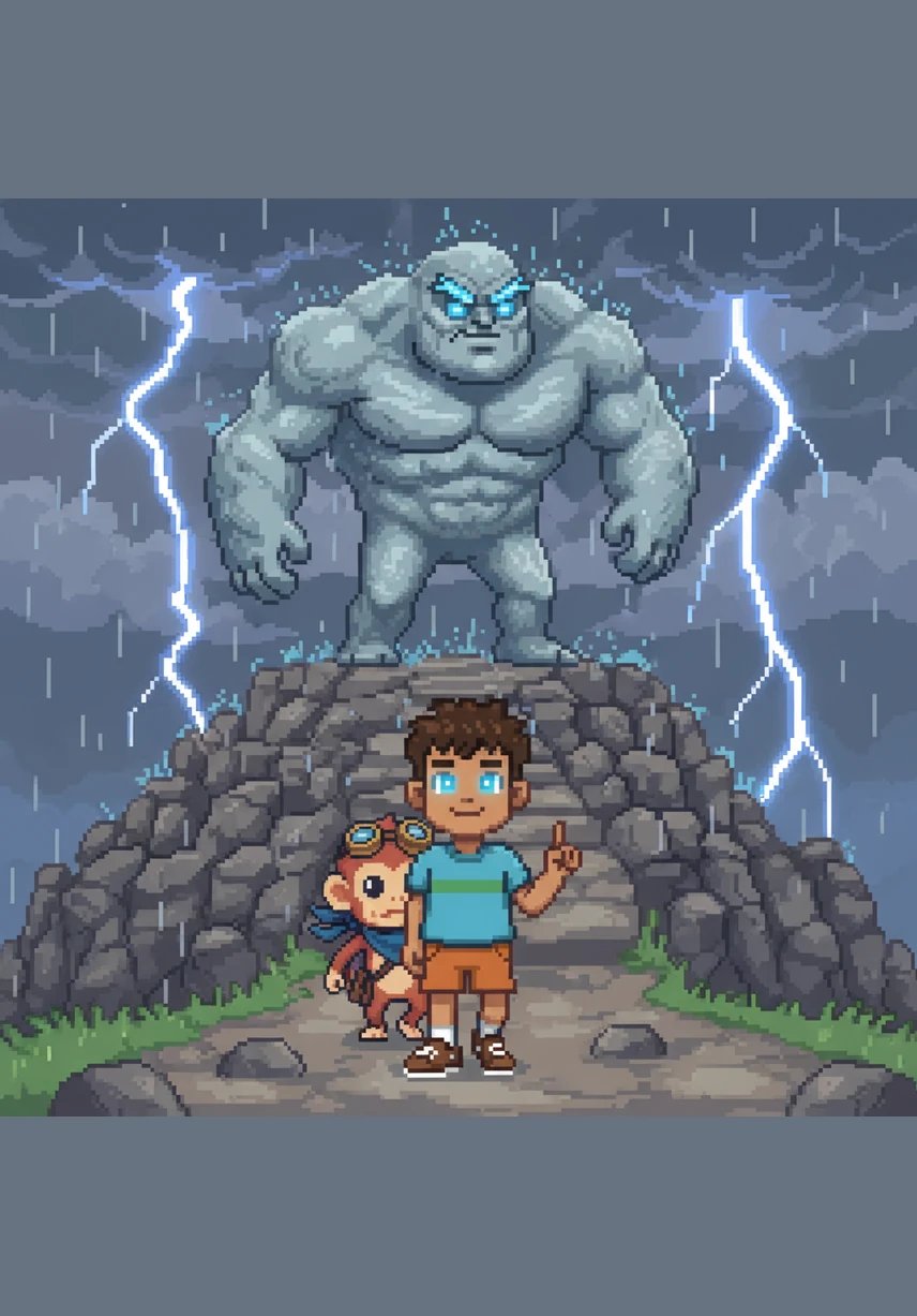 While everyone else hides, Leo walks slowly toward the Great Hill, his face calm and his eyes bright with a secret power. "Don't worry, Momo," he whispers over the thunder, "the mountain is our friend, and friends always help each other."