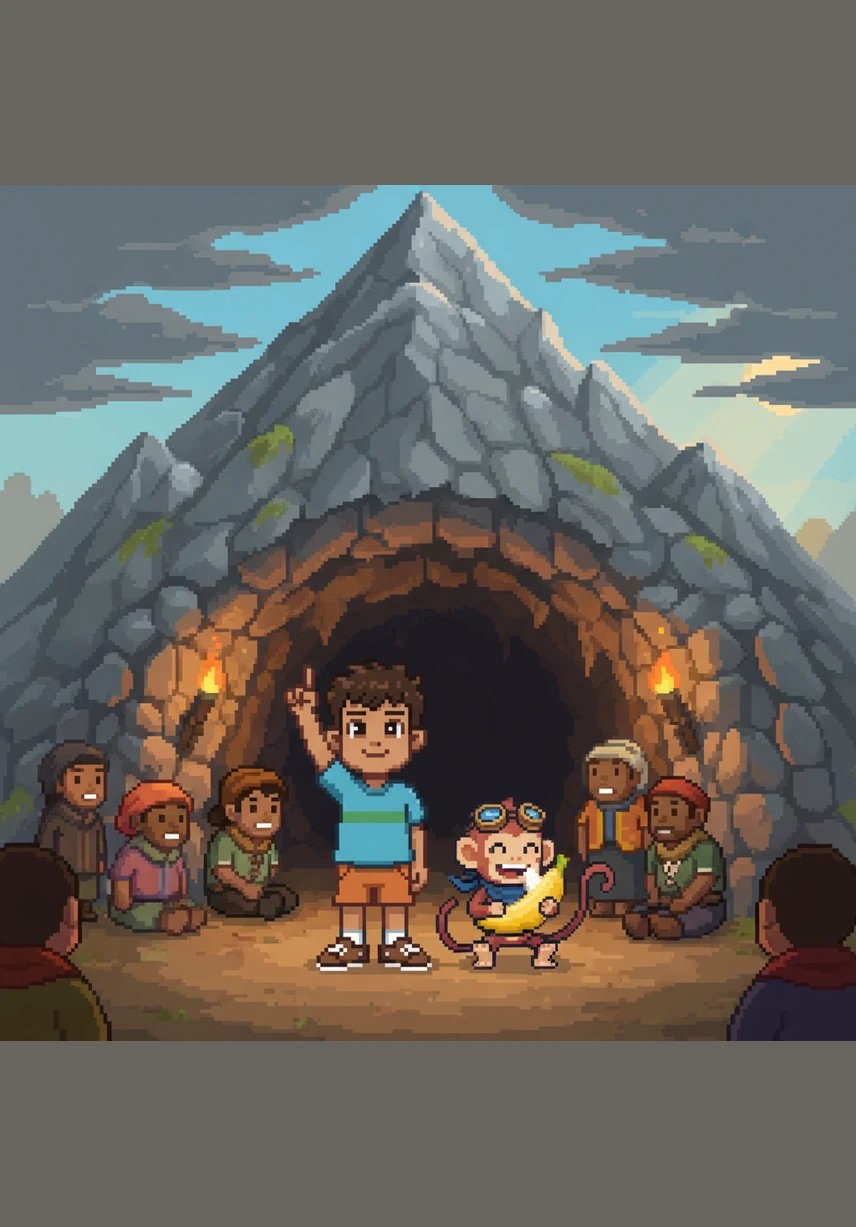 Everyone huddles safely under the mountain, dry and warm, while the Storm King finally runs out of breath and gives up. "Helping others is the biggest power of all," Leo says, as Momo finally finds his lost banana and takes a happy bite.