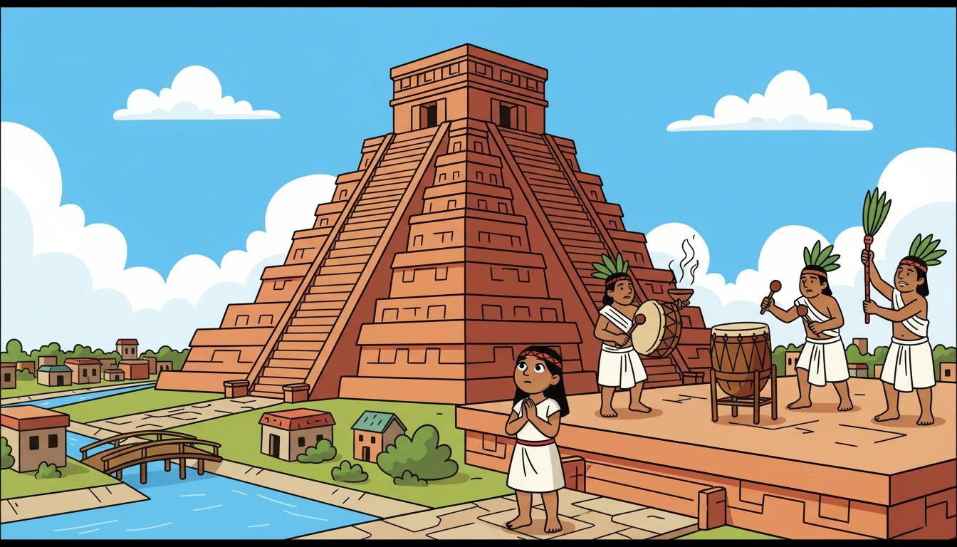 En el corazón de la ciudad, el Templo Mayor se elevaba majestuoso hacia el cielo. Xochitl se maravillaba al ver a los sacerdotes realizando ceremonias en honor a los dioses. La ciudad era un laberinto de canales y puentes.