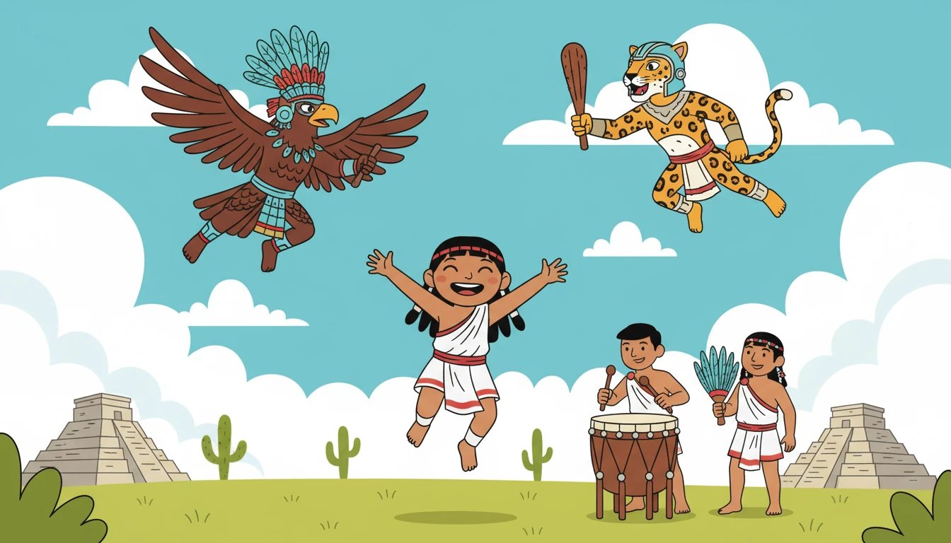 Un día, mientras jugaba con sus amigos, Xochitl escuchó historias sobre la valentía de los guerreros águila y jaguar. Soñaba con ser tan valiente como ellos, defendiendo a su pueblo. La idea la llenó de emoción.