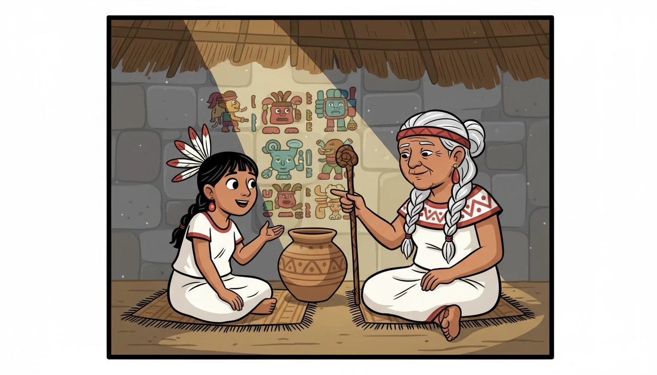 Xochitl, inspirada, decidió aprender más sobre la historia de su pueblo. Visitó a su abuela, una sabia anciana que guardaba los secretos del pasado. La abuela le contó sobre los orígenes míticos de los mexicas.