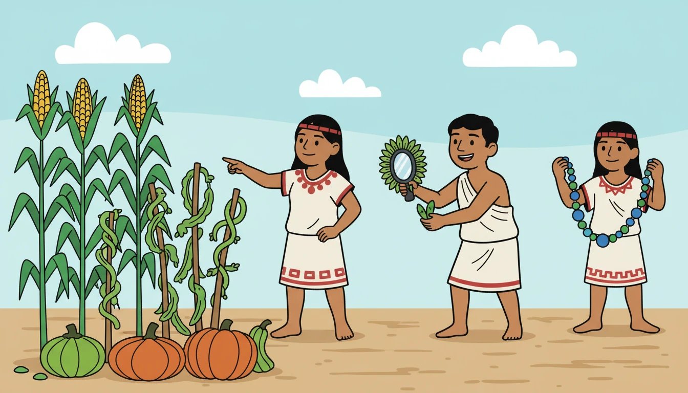 En el mercado, Xochitl aprendió sobre el cultivo del maíz, los frijoles y la calabaza, alimentos esenciales para su gente. Observó a los artesanos trabajando con plumas y piedras preciosas. La vida era un constante aprendizaje.
