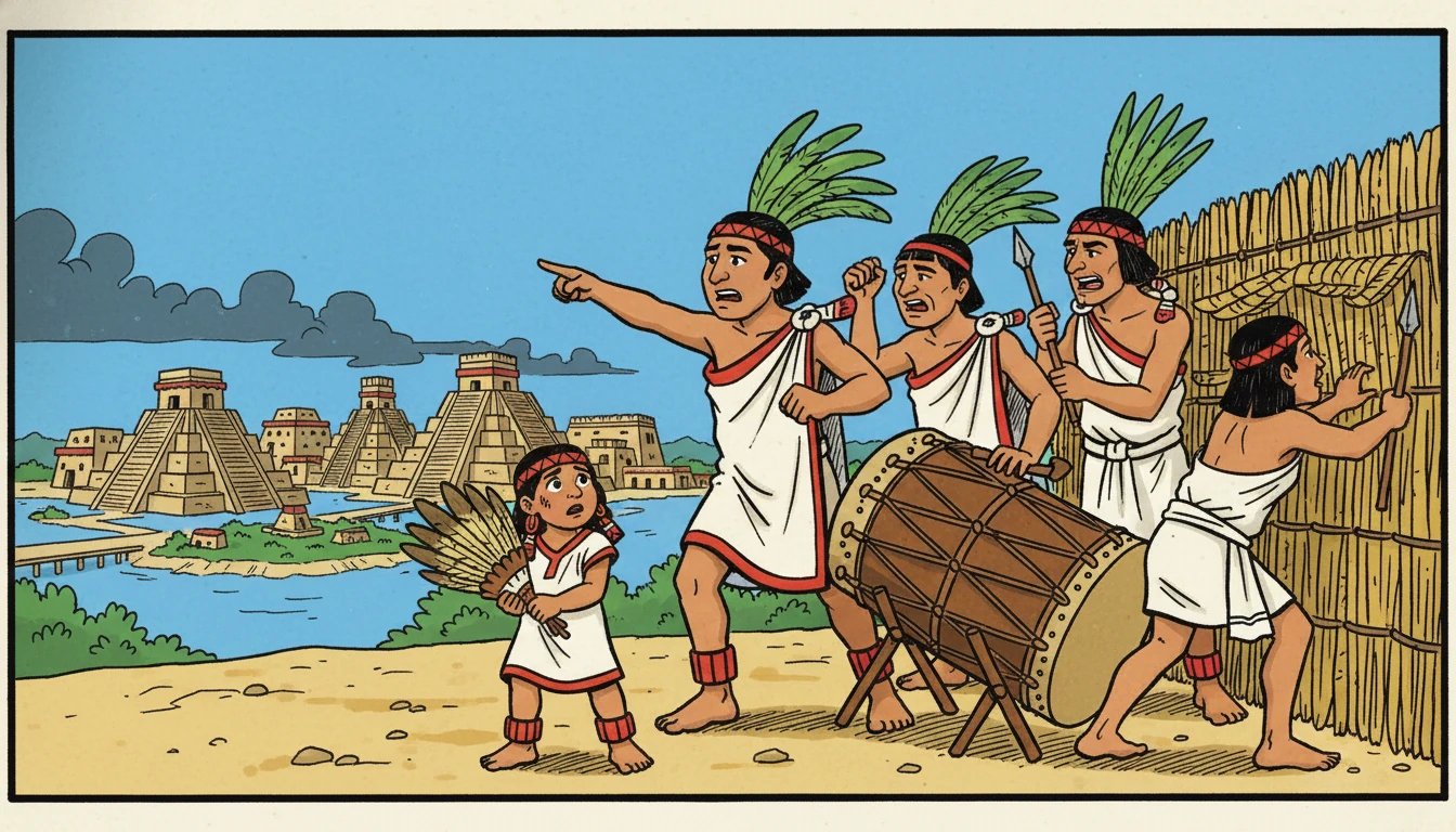 Un día, una noticia alarmante llegó a Tenochtitlán: una amenaza se cernía sobre la ciudad. Xochitl, junto con otros niños, se sintió preocupada. La comunidad se preparaba para protegerse.