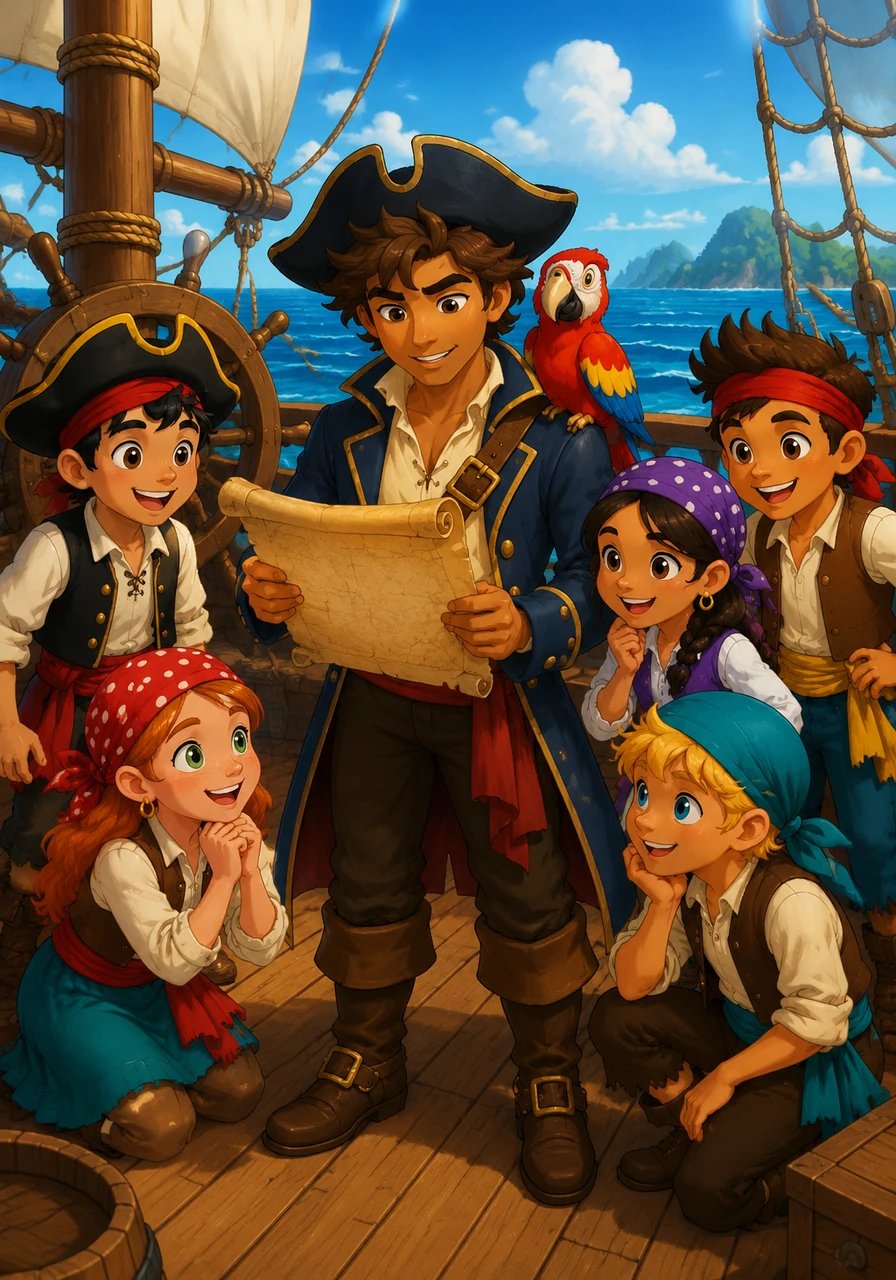 Captain Leo stood on the deck of his grand ship, the Jolly Barnacle, holding an old, yellowed scroll. The scroll did not show a map, but rather a mysterious rhyming clue that pointed toward a hidden island.