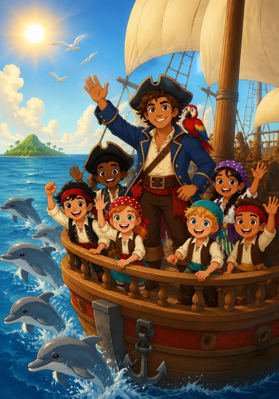 With a cheer, the brave pirate crew sailed across the sparkling blue ocean, guided by the warm morning sun. Dolphins leaped alongside the ship as if cheering them on their quest for the unknown treasure.