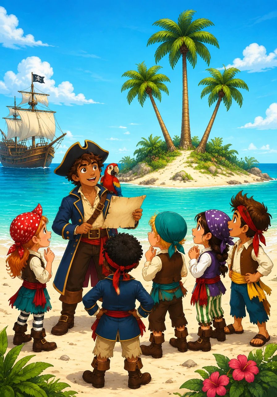 The ship dropped anchor near Coconut Island, where the sand was as soft as powdered sugar. Leo stepped onto the beach and read the first clue aloud, which told them to look where the tall palm trees form a perfect triangle.
