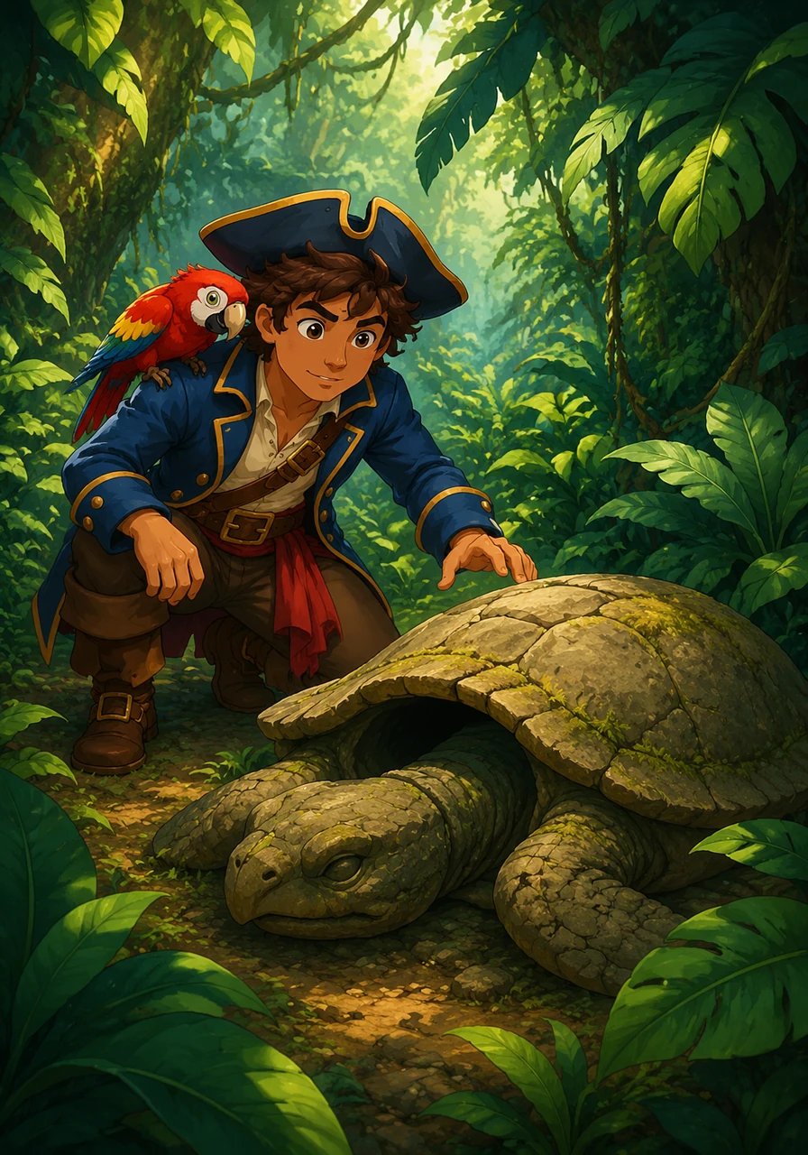 Following the clue, Leo and his loyal parrot, Pip, marched into the lush jungle full of giant green leaves. They searched carefully until they spotted a strange, hollow rock shaped like a sleeping turtle.
