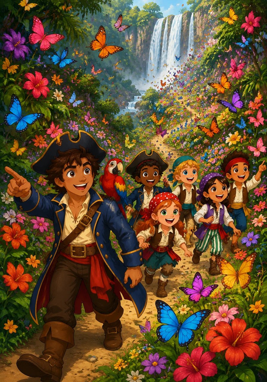 The new riddle instructed the crew to follow the path of the colorful butterflies toward the whispering waterfall. The crew laughed with excitement as they tracked the fluttering wings through the bright flowers.