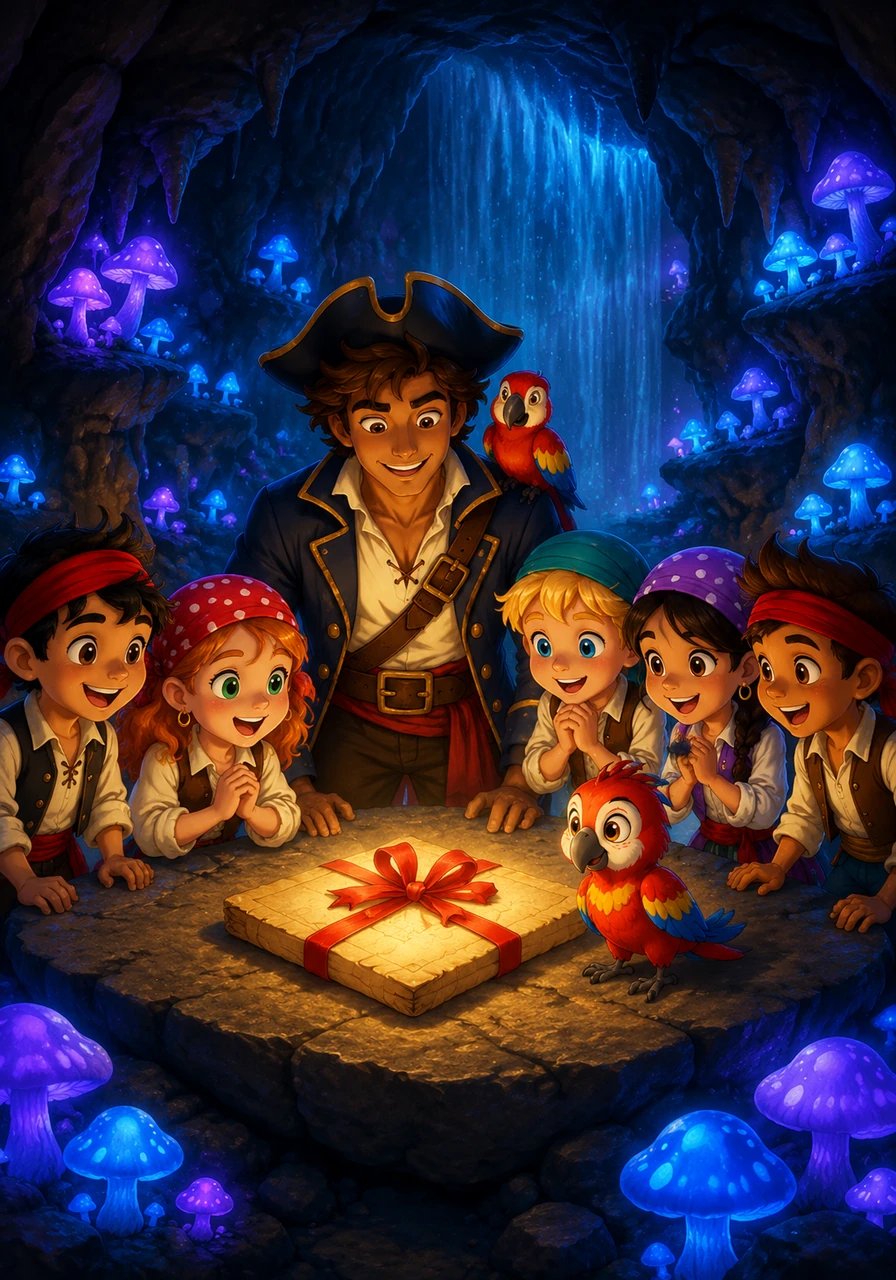 Behind the curtain of rushing water, they found a secret cave that glowed with magical, glowing mushrooms. On a flat stone table in the center of the cave sat the final clue, sealed with a red ribbon.