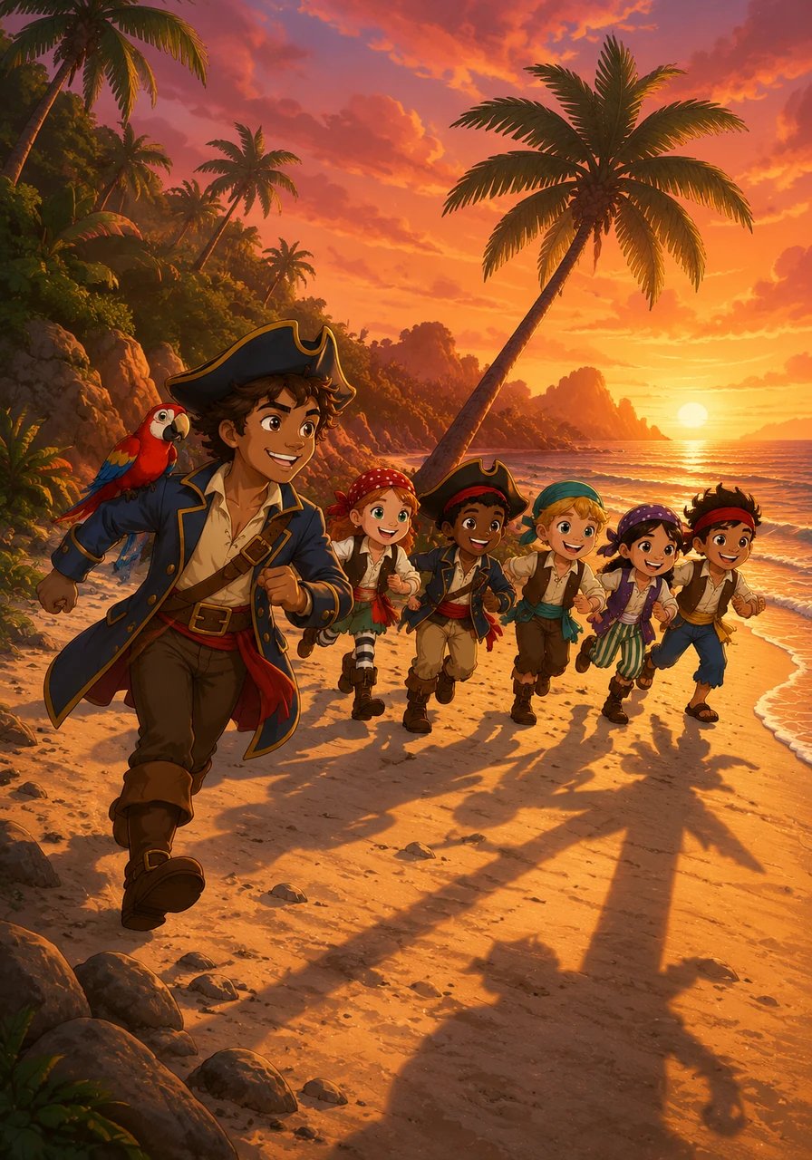 Leo read the final verse, which directed them back to the beach where the shadow of the tallest palm points at sunset. They raced back to the shore just as the sky turned a beautiful shade of orange and pink.